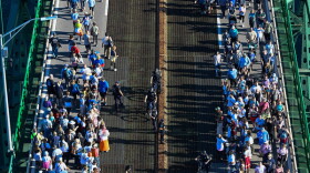 walkers on the Mackinac Bridge