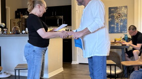 From left, actors Becky Fisher and Joe Swanberg - who are married in real life - "meet" for the first time as they rehearse the play "The Guys" with director David Lee, right.