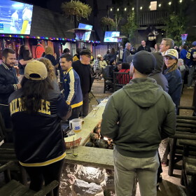 Brewer camaraderie abounded at Shorewood bar as team took game two.