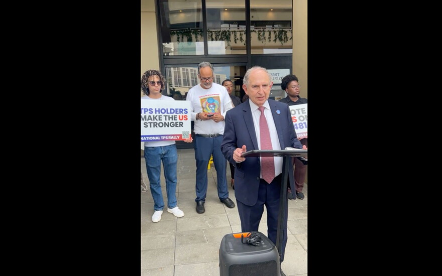 Haitian community leaders, immigrant rights advocates and local allies gather outside Republican U.S. Senator Ashley Moody’s Miami office on Thursday morning to demand she help hundreds of thousands of Haitians whose temporary recently visas expired.
