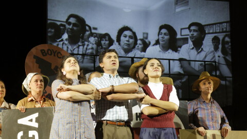 The cast of a new opera, Dolores, on stage.