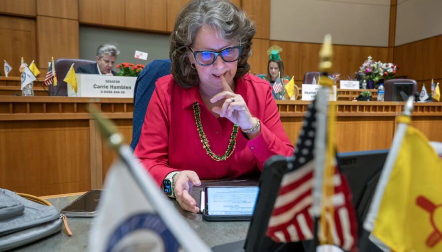 Sen. Linda Trujillo, D-Santa Fe, works at her desk on the Senate floor in this March 2025 file photo. Senate Democrats picked Trujillo as their new floor leader Sunday, during a closed-door caucus meeting, selecting the veteran lawmaker to replace Sen. Peter Wirth.