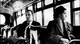 Rosa Parks on a Montgomery bus on December 21, 1956, the day Montgomery's public transportation system was legally integrated.