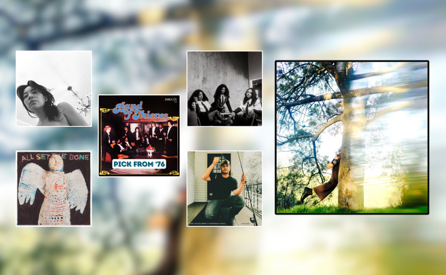 A display with artwork for six music releases in six black frames. One is much larger than the others and has a hazy image of a tree in it. That square fills up the right part of the image, and the background of the full image is a blurry version of the same image. In the five smaller squares are a close up black and white of a woman, a black and white of three woman posing seated, a painting of an angel or doll, and a man holding a fishing rod with a cigarette. 