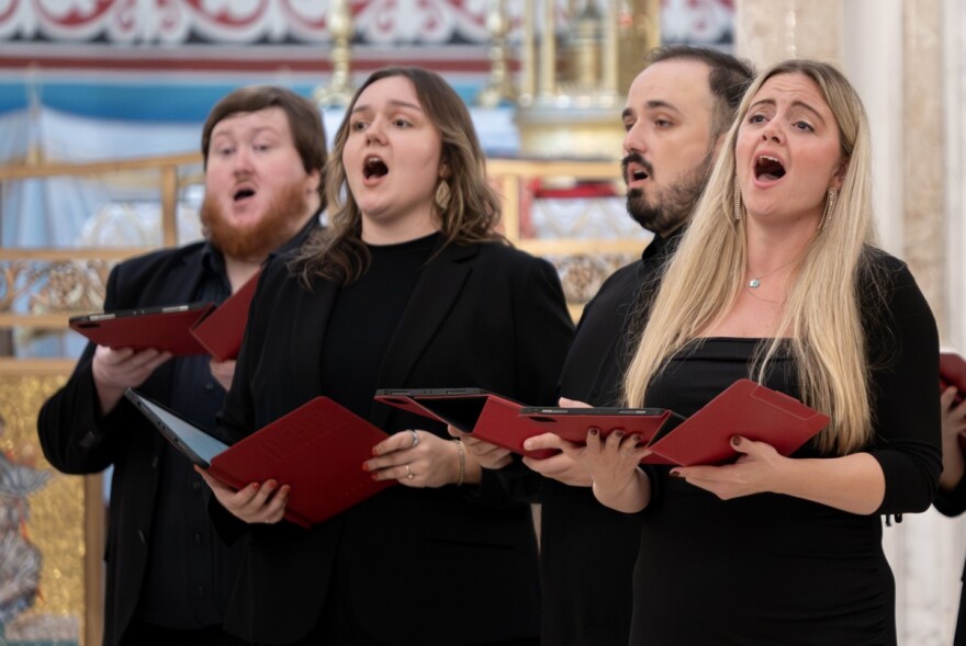 A group of Seraphic Fire singers. Left to Right - Aaron Cates, Alex Colaizzi, Nick Karageorgiou, Jessica Beebe