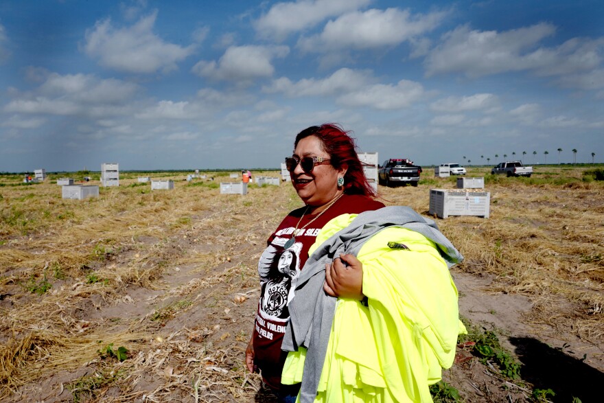 Elizabeth Rodriguez ,Director of Farm Workers Advocacy National Farm Worker Ministry delivers long-sleeved shirts to field workers on Tuesday May 5, 2026 in Edinburg, Texas .(Delcia Lopez | MyRGV/ dlopez@themonitor.com)