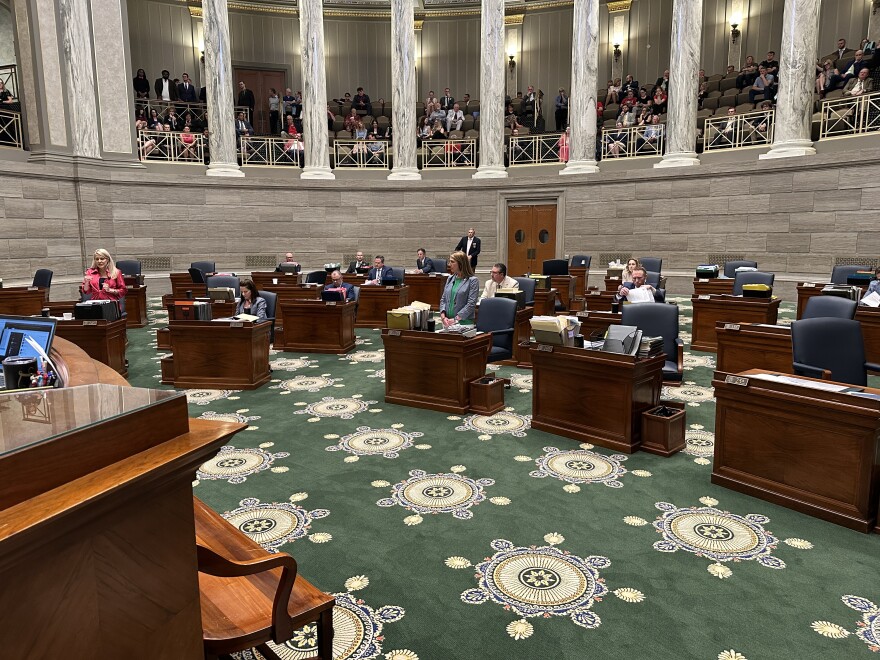 Senators Tracy McCreery, D-Olivette, (left) and Patty Lewis, D-Kansas City, stand and speak on the Senate floor on May 14, 2025. 