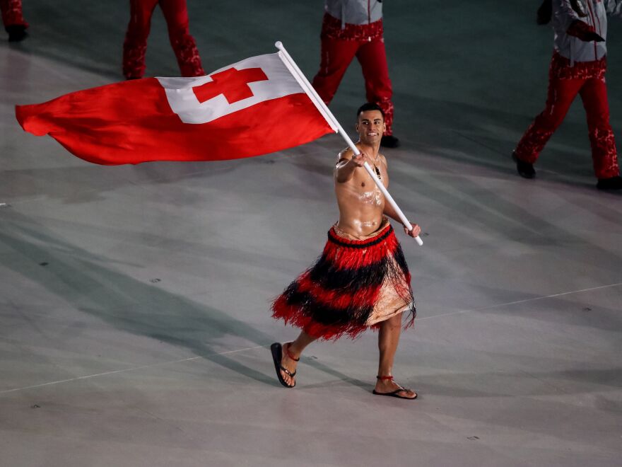 Taufatofua leads his country's delegation during the Feb. 9 opening ceremony of the Pyeongchang 2018 Winter Olympic Games.