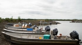 Skiffs line the lower Yukon River.