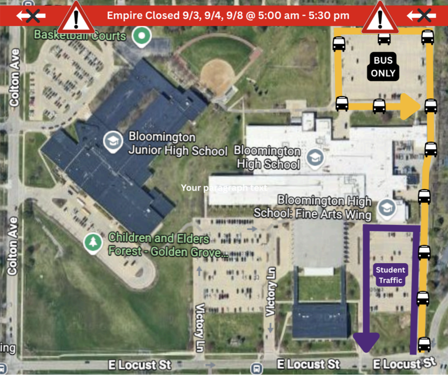 Bird's-eye view of Bloomington High School with arrows showing buses will enter from Locust Street into a bus-only back parking lot, and cars will enter a front parking lot from Locust Street.