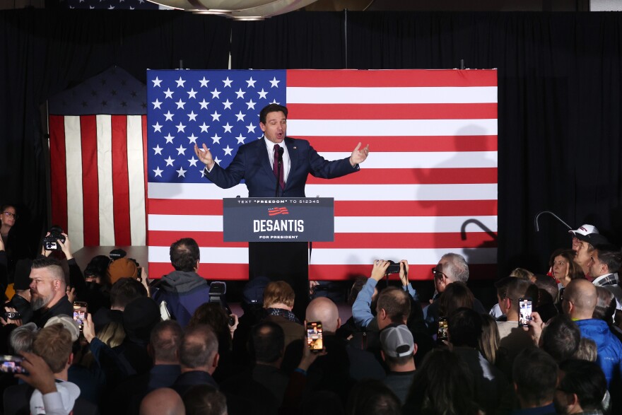Republican presidential candidate Florida Gov. Ron DeSantis speaks at his caucus night event on January 15, 2024 in West Des Moines, Iowa.