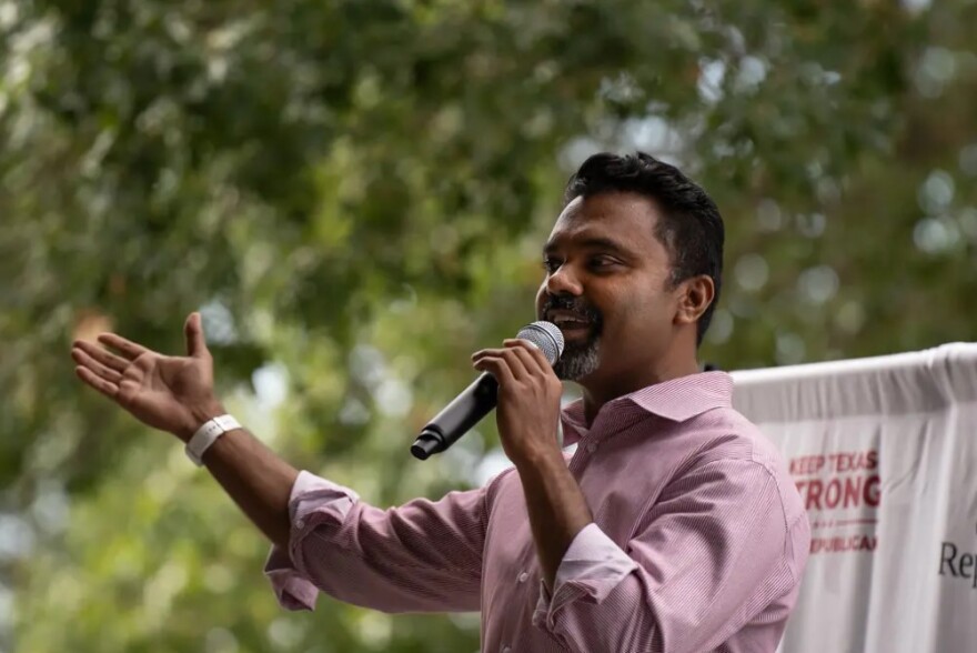 Abraham George, chair of the Collin County Republican party, speaks at the Labor day picnic in Plano, Texas on Sept. 2, 2023. He is a candidate for the chair of the Texas GOP.