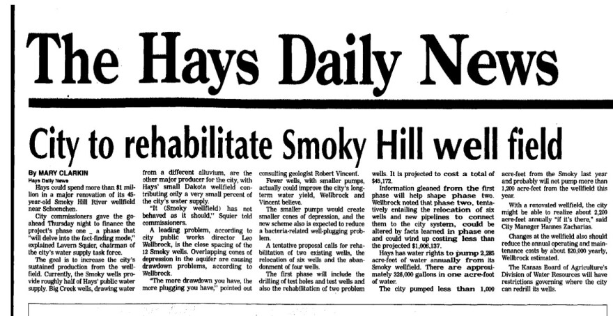 This 1994 edition of the Hays Daily News announces the city's plans to expand its primary wellfield along the Smoky Hill River in hopes of making them more sustainable. (Photo courtesy of NewspaperArchive)