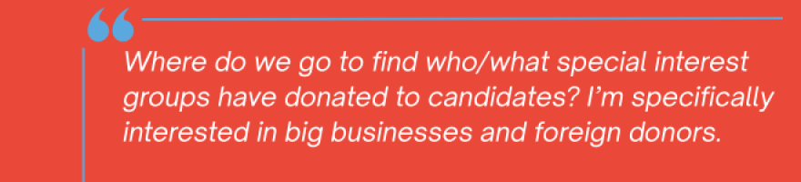 This is a quote box with the quote "Where do we go to find who/what special interest groups have donated to candidates? I'm specifically interested in big businesses and foreign donors."