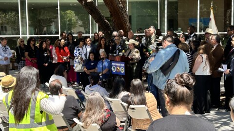 A group of officials speak at a podium outside beneath a large tree.