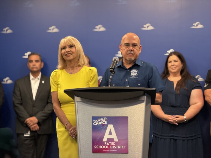 Miami-Dade County school board chair Mari Tere Rojas,ledt, and superintendent Jose Dotres, right, at Wednesday's press conference.