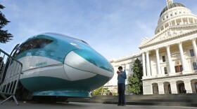 A full-scale mock-up of a high-speed train is displayed at the Capitol in Sacramento, Calif. (Rich Pedroncelli/AP)