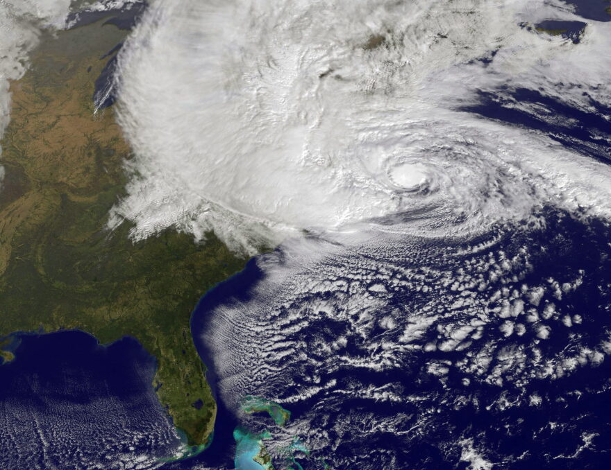 Scientists have been studying the link between climate change and extreme weather events such as Hurricane Sandy, shown here in a NASA image, which left more than 1.3 million Pennsylvanians in the dark in 2012. Getty Images