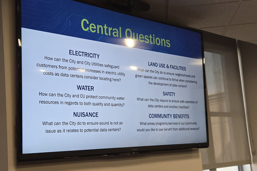 A slide displays sessions topics for the City of Springfield's public engagement sessions on data centers.