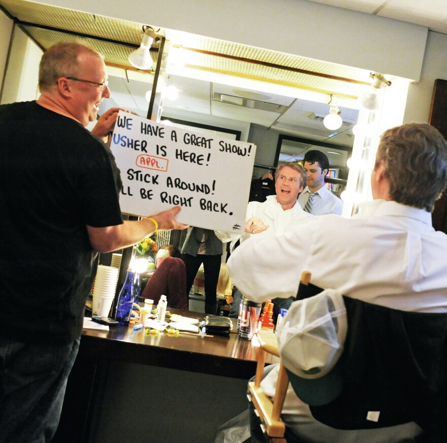 Will Ferrell, being made up as George W. Bush in 2012, reviews dialogue for his monologue with Wally Feresten.