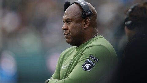 FILE - Michigan State coach Mel Tucker watches the NCAA college football team's game against Rutgers, Nov. 12, 2022, in East Lansing, Mich. Tucker will wrap up spring practice Saturday afternoon, April 15, at Spartan Stadium, where fans will watch a 15-period practice that will include first-string offensive players scrimmaging against the team's top defense. (AP Photo/Al Goldis, File)