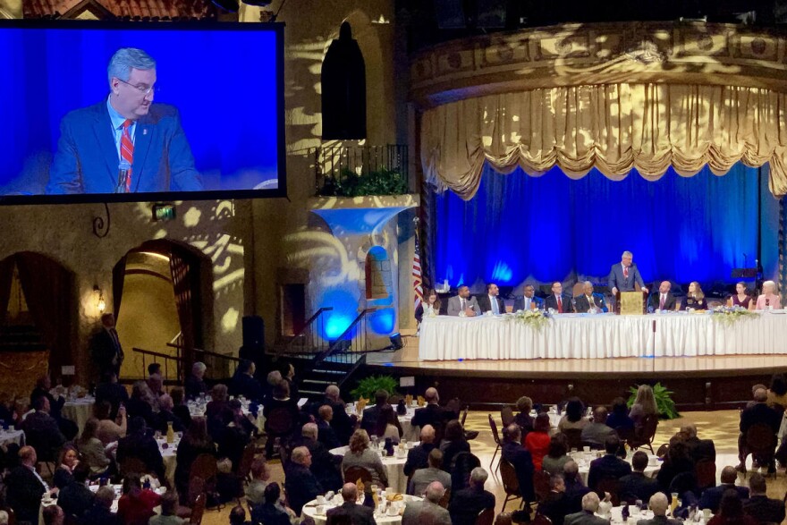 Gov. Eric Holcomb speaks at the 2019 Indiana Leadership Prayer Breakfast. (Brandon Smith/IPB News)