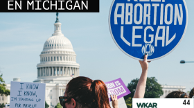 En la imagen se puede observar una foto de unos manifestantes en el capitolio estadounidense en Washington D.C. En la imagen se puede ver un boletin que dice en ingles: "Mantengan los abortos legales". En el lado superior derecho de la imagen se encuentra escrito las siguientes palabras en blanco sobre un rectangulo de color negro: El Acceso Al Aborto en Michigan.   En la parte inferior derecha se puede observar un cuadrado pequeño  blanco en el cual está escrito 'WKAR' con el logo de  ¿Qué onda Michigan?. En el lado izquiero superior del cuadrado pequeño está escrito el número 44 significando que este es el episodio 44 del podcast.