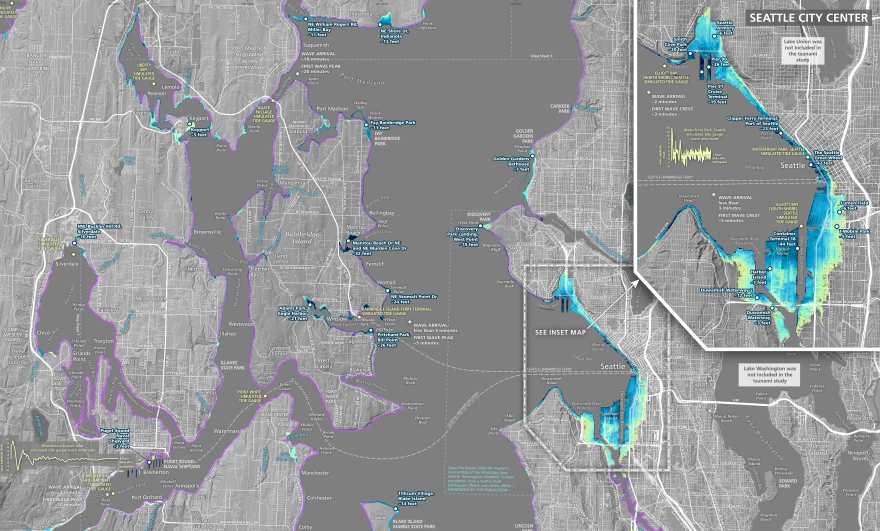 Map of relative tsunami threat along the shores of Puget Sound