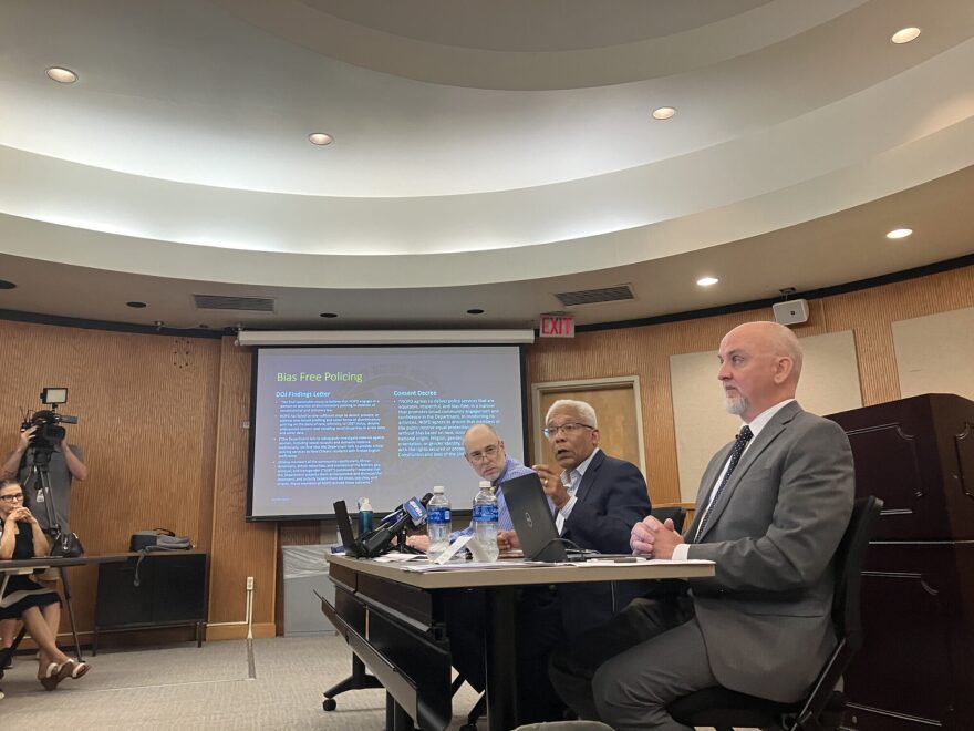 David Douglass (second from right), deputy monitor for the New Orleans Police Department’s consent decree, speaks at a public meeting at the Loyola University New Orleans College of Law on Monday, Oct. 28, 2024.