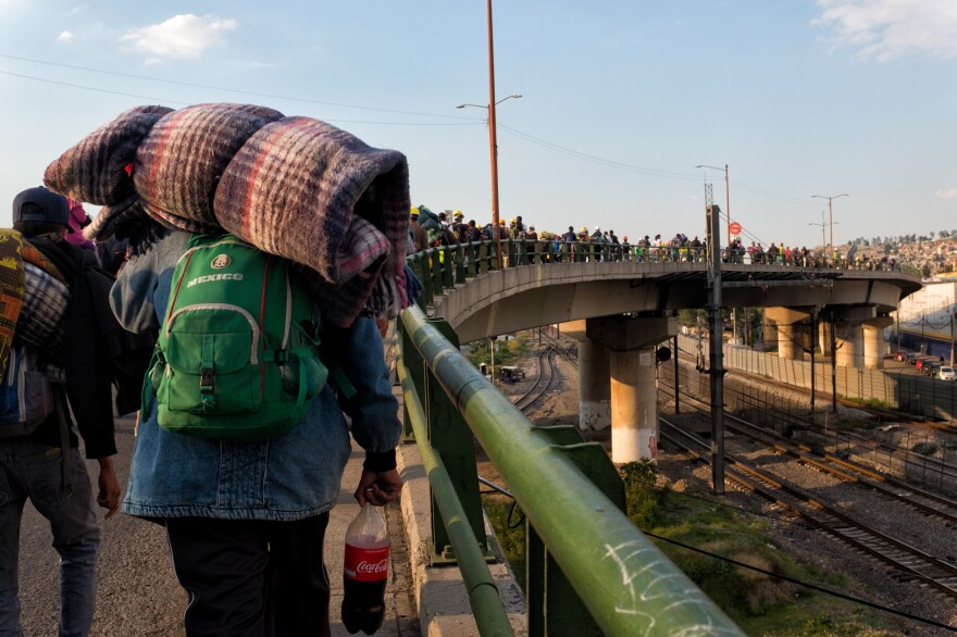 Members of the refugee caravan on their way to the station in Mexico where they will be boarding the freight train. Mexico City, Oct. 22, 2017.