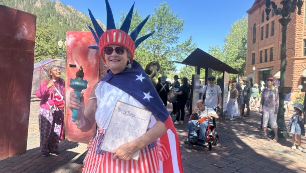 Aspen Mayor Rachael Richards leads the Mall 50 Art Parade, celebrating the 50th anniversary of the city’s pedestrian mall on June 27, 2026.