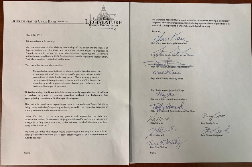 A letter from a group of legislators to the attorney general seeking a court's opinion on spending authority for new federal funding.