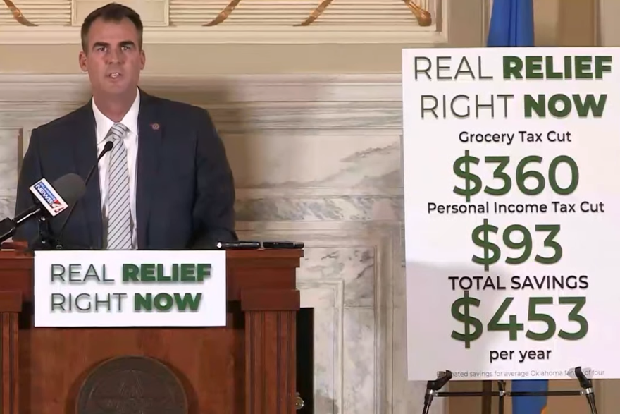 Oklahoma Gov. Kevin Stitt announces his line-item veto of the state budget on Thursday, May 26, 2022.