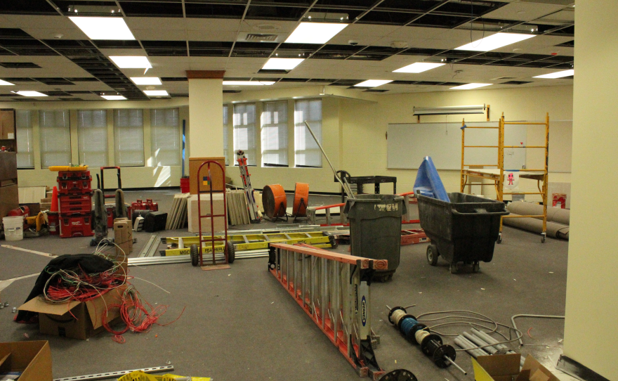 A room under construction that will be used as a "flex space" to room men if needed.