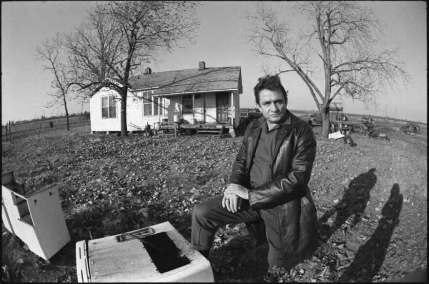 Johnny Cash at his boyhood home in Dyess, Ark. in 1968.