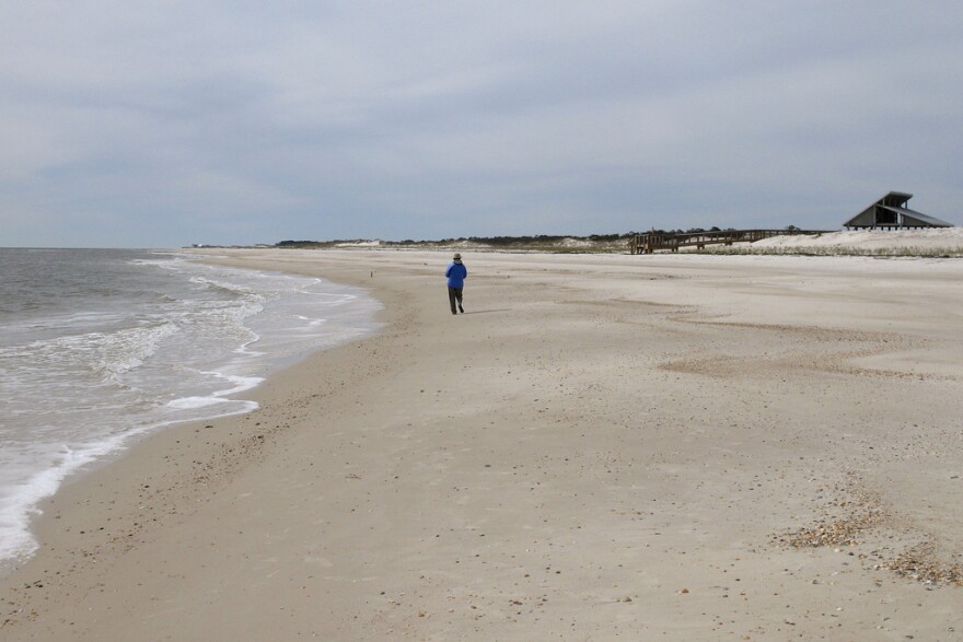 FILE - Miles of empty beach and billions of sea shells await a lone beachcomber at St. George Island State Park near Apalachicola in the Florida Panhandle, Feb. 5, 2007. The nine-mile (14-kilometer) stretch of Florida sugar-white sand in an unspoiled natural setting alongside the Gulf of Mexico is the nation's best beach for 2023, according to the annual ranking released Thursday, May 18, 2023, by the university professor known as “Dr. Beach.”