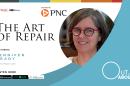 The image features a photo of this episode’s guest: Jennifer Brady, co-founder of the Peoria Area Repair Cafe. The image features an all-capitalized text headline that reads “THE ART OF REPAIR” with an underlying smaller text that reads “featuring Jennifer Brady, Peoria Café.” The graphic artwork also features an icon of the podcast’s sponsor PNC Bank in the center with the WCBU and NPR logos in the left-hand corner. In the bottom right-hand corner are icons of the various podcast platforms where the Out and About podcast can be streamed/downloaded. In the bottom left-hand corner is Out and About spelled out in large, white graphic letters. 