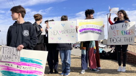Students gather near Owasso High School on Feb. 26, 2024 for an event to remember Nex Benedict.