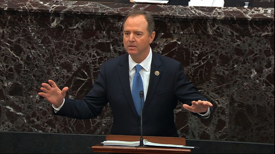 In this image from video, House impeachment manager Rep. Adam Schiff, D-Calif., speaks during the impeachment trial against President Donald Trump in the Senate at the U.S. Capitol in Washington, Thursday, Jan. 23, 2020.