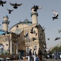 Pigeons fly into the air as Muslims offer prayers at the start of the Eid al-Fitr holiday, which marks the end of Ramadan, at the Shah-e Do Shamshira Mosque in Kabul on Friday. This Eid, Afghans welcomed the start of the Taliban's first cease-fire since the 2001 U.S. invasion