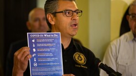  Hays County Judge Ruben Becerra speaks during a joint press conference at the Hays County Courthouse on Sunday declaring a state of disaster due to the coronavirus.