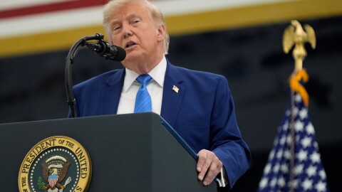 President Donald Trump speaks after touring the newly designated Air Force One presidential aircraft at Joint Base Andrews, Md., Friday, June 19, 2026.