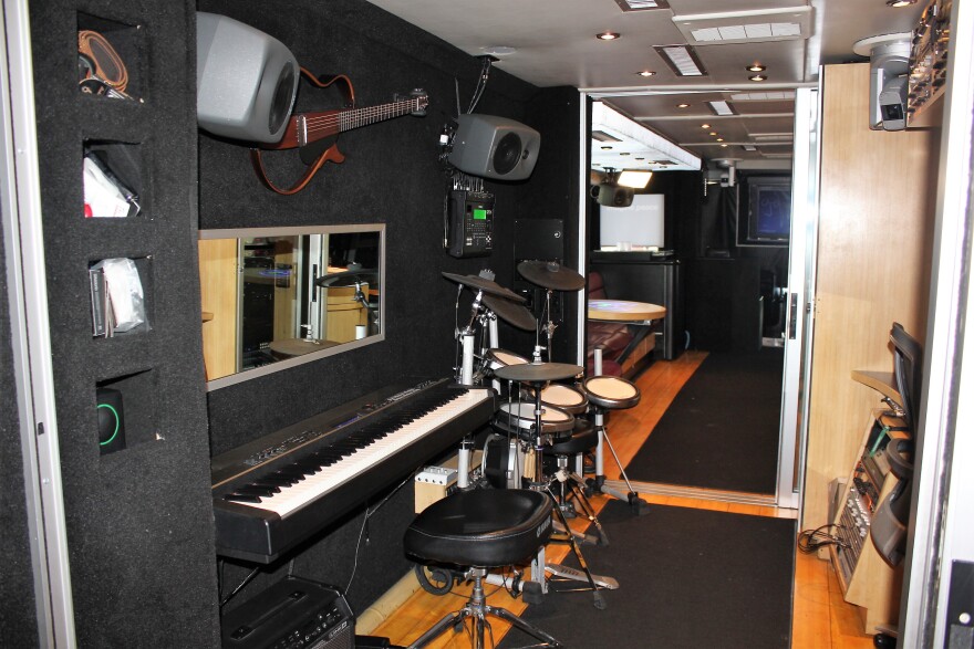 The interior of the bus-turned-recording-studio-on-wheels. Local students toured it recently to learn about careers in audio and video production.