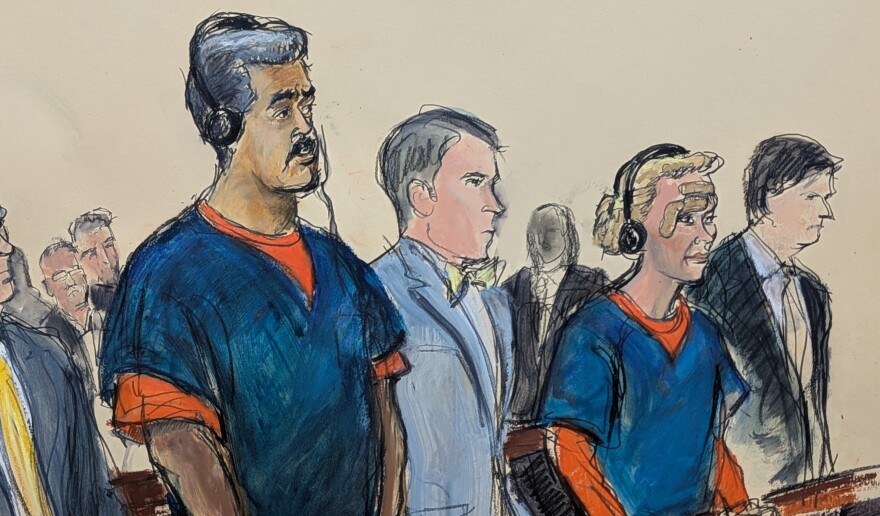 In this courtroom sketch, Venezuelan President Nicolas Maduro, left, and his wife, Cilia Flores, second from right, appear in Manhattan federal court with their defense attorneys Mark Donnelly, second from left, and Andres Sanchez, Monday, Jan. 5, 2026, in New York. (Elizabeth Williams via AP)