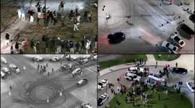 A group of about a hundred vehicles participated in several street takeovers in Cincinnati on the night of March 14, 2026. Clockwise from top left: Kennard Ave, Reading Road, Clifton and Martin Luther King Jr. Drive, and arrests at Woodward High School.