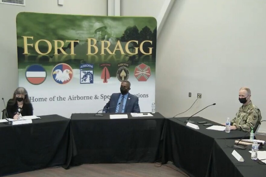 At a Sept. 14 virtual town hall meeting, Fort Bragg Curator and Archeologist Linda Carnes-McNaughton, Retired Major General Rodney Anderson, and Fort Bragg Garrison Commander Scott Pence listen to comments from citizens about possible new names for the base.