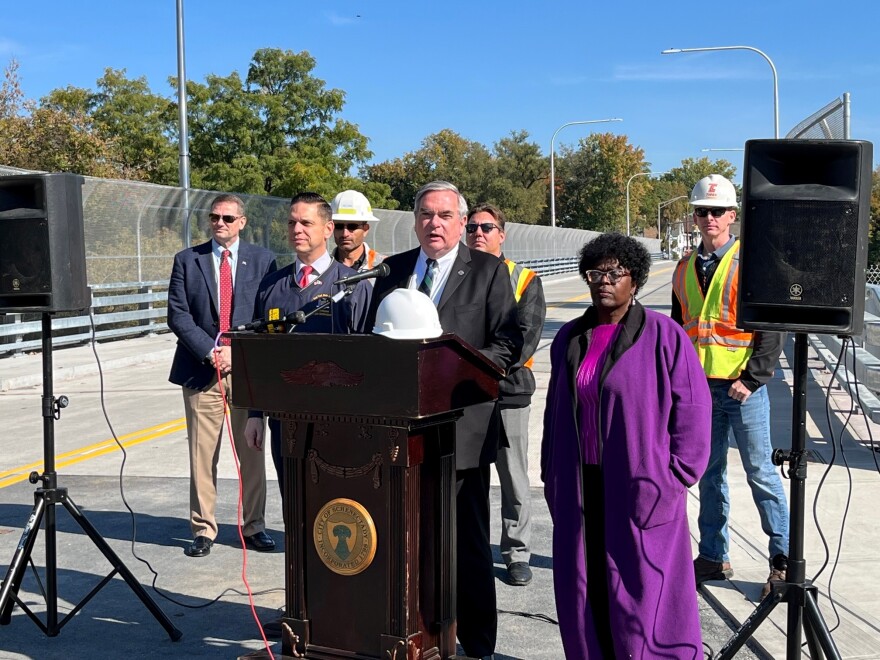 Assemblyman Angelo Santabarbara joined Schenectady Mayor Gary McCarthy and City Council President Marion Porterfield for the reopening of the Francis Avenue Bridge, October 11, 2022.