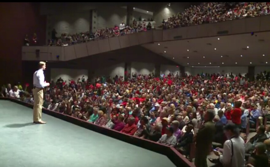 U.S. Senator Tom Cotton (R) holding his first town hall of the Trump administration in Springdale earlier this year.