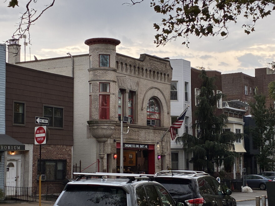 The three-story firehouse of Engine Co. 240/Battalion 48 sits along Prospect Avenue in Brooklyn.