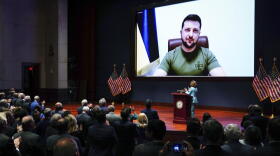 Ukrainian President Volodymyr Zelenskyy delivers a virtual address to Congress by video at the Capitol in Washington, Wednesday, March 16, 2022.
